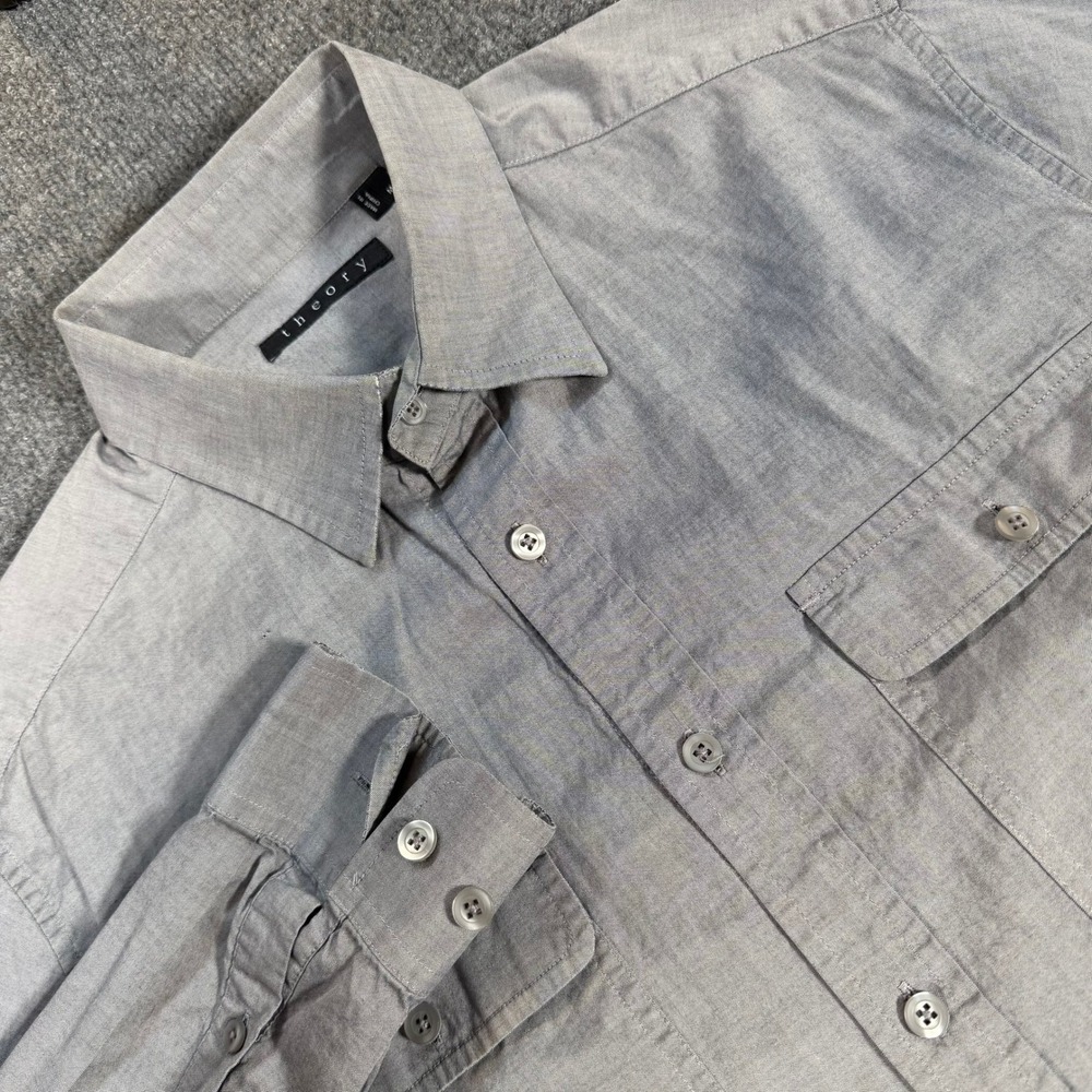 Theory Mens Grey Long Sleeve Button Down Shirt Dual Chest Pockets Size M #4223